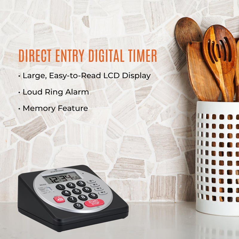 Marathon 100 Hour Direct Entry Digital Tabletop Timer, Black - Large, Easy-to-Read LCD Display - Loud Ring Alarm - Clock Feature - 2 AA Batteries Included - Image 2